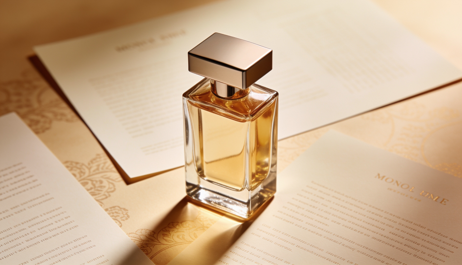 A clear glass perfume bottle resting on printed regulatory compliance documents on a warm-lit desk