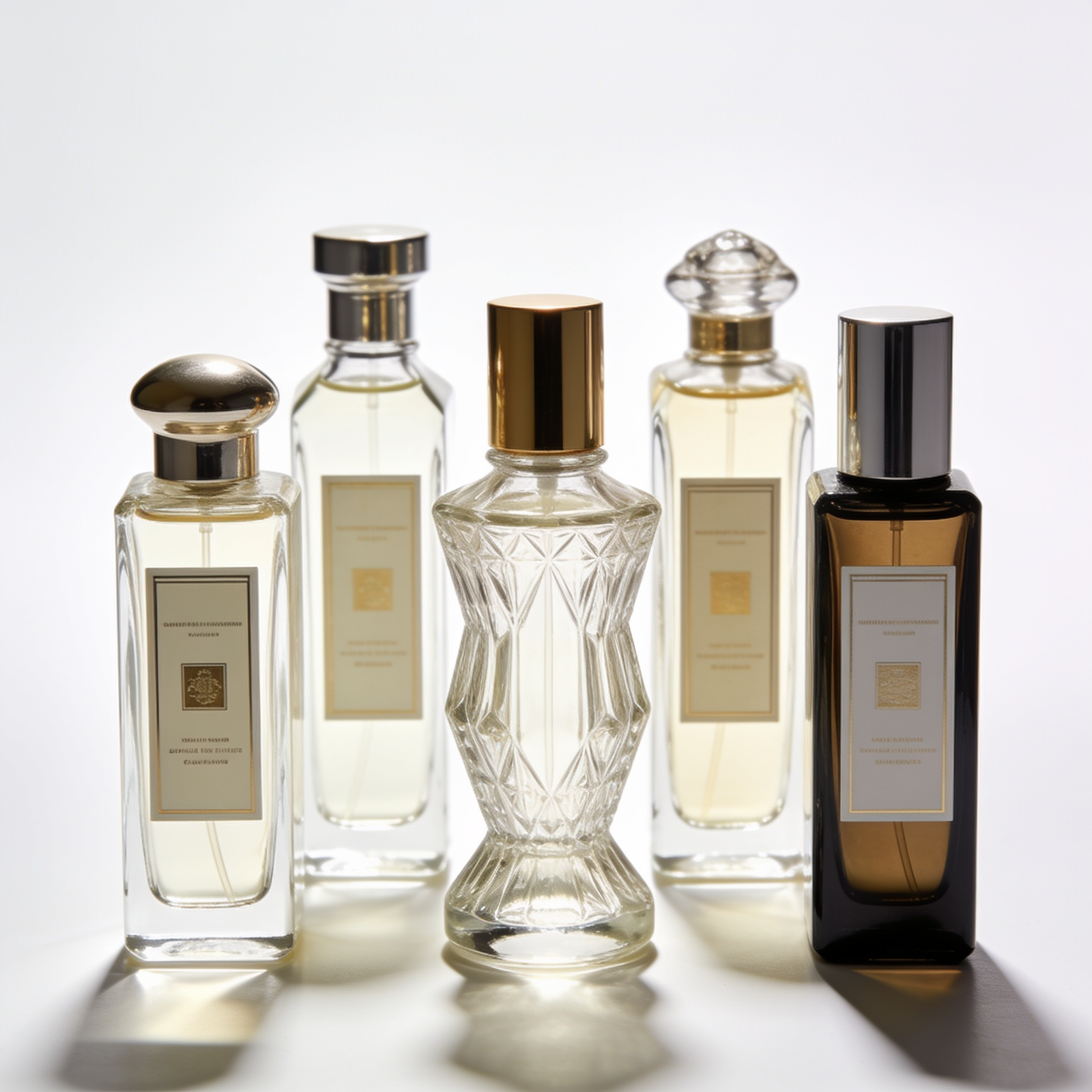 Five distinct perfume bottle shapes available — round, square, flat, tall cylindrical, and atomizer styles in clear glass with gold caps
