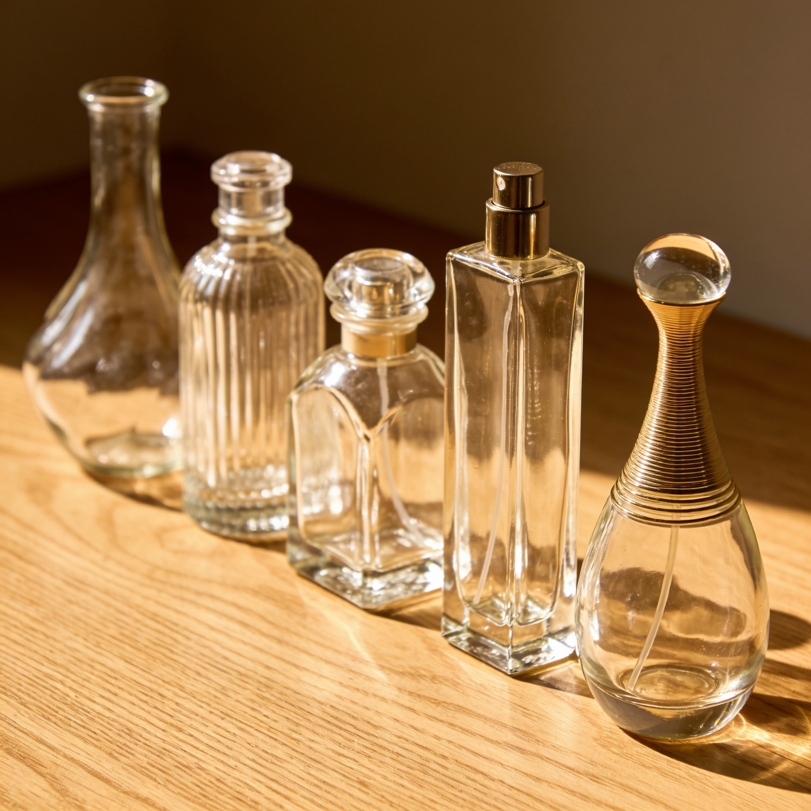 Five different empty perfume bottle shapes arranged in a row on a wooden surface — round, ribbed, square, tall rectangular, and teardrop silhouettes in clear glass
