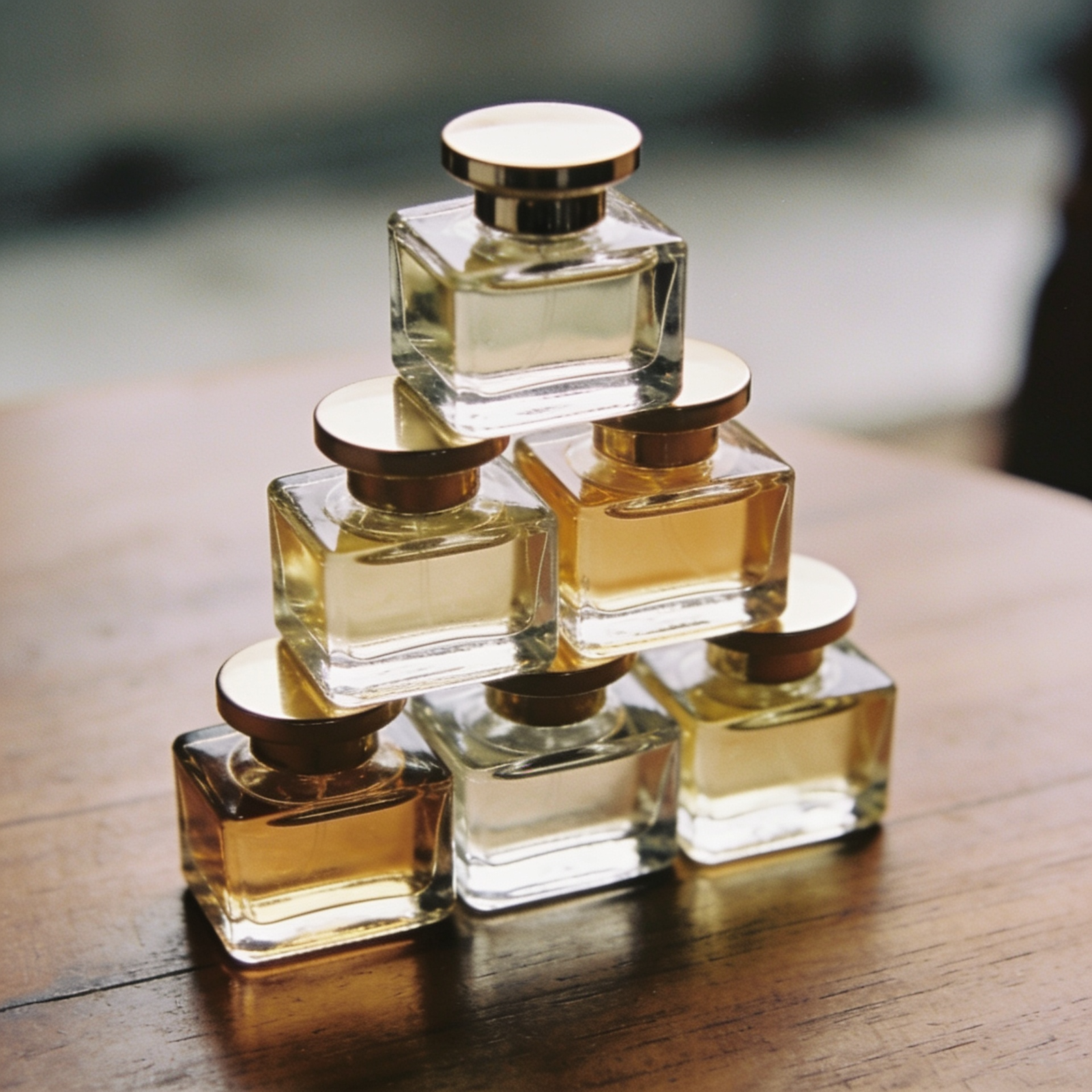 Five identical square glass perfume bottles arranged in a pyramid formation on a wooden surface