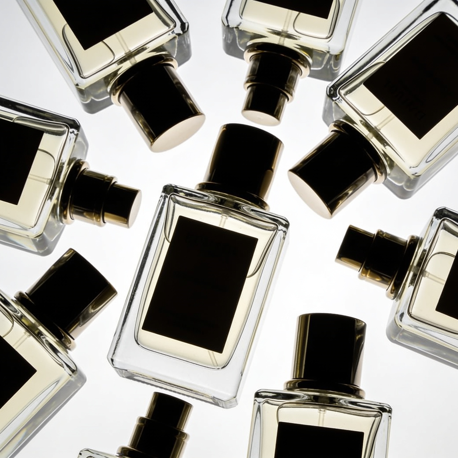 Overhead view of multiple perfume bottles arranged in a scattered pattern, each with a smooth cylindrical black cap and a blank black label on a square glass body