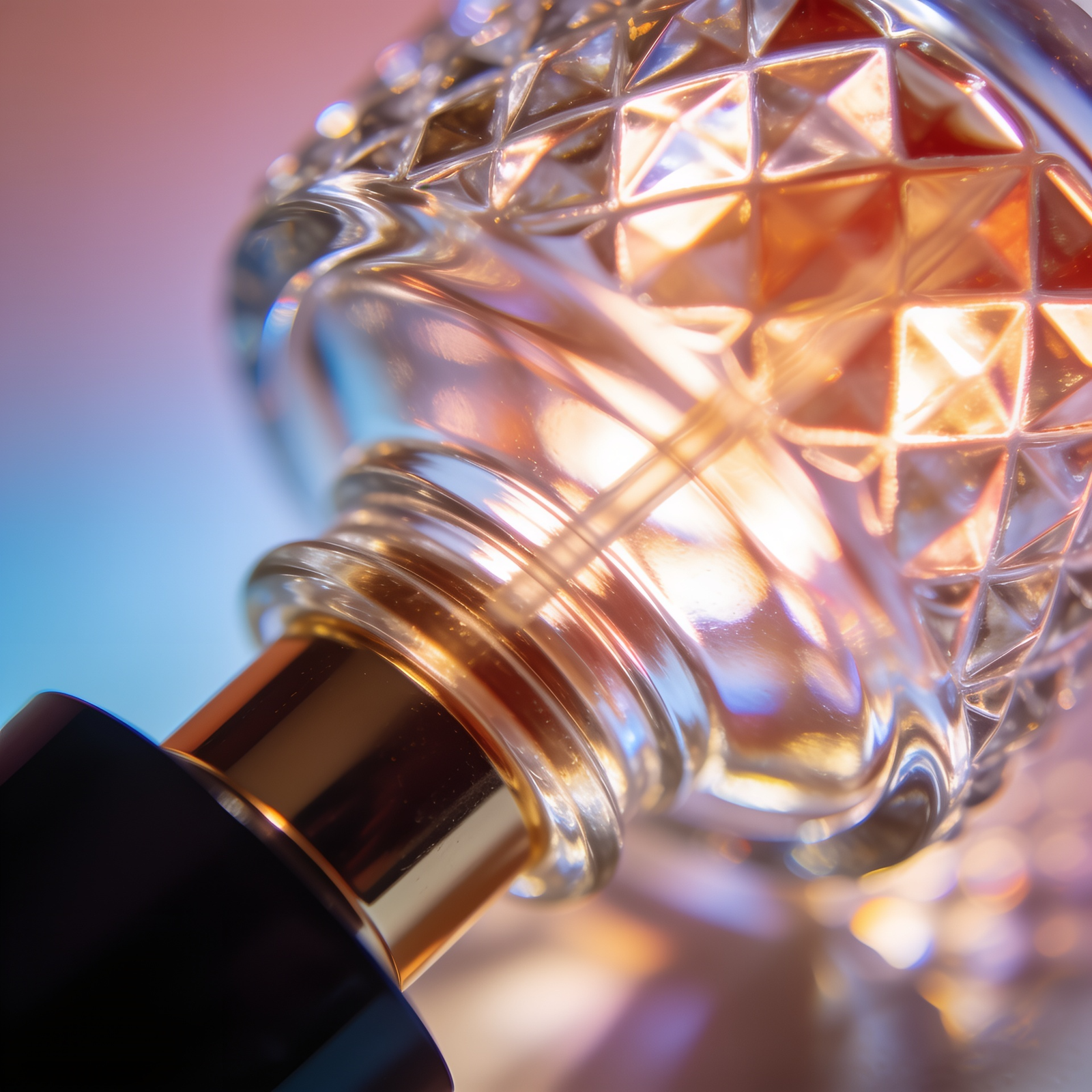 Extreme macro close-up of a cut-crystal perfume bottle surface, geometric facets catching warm amber and rose light