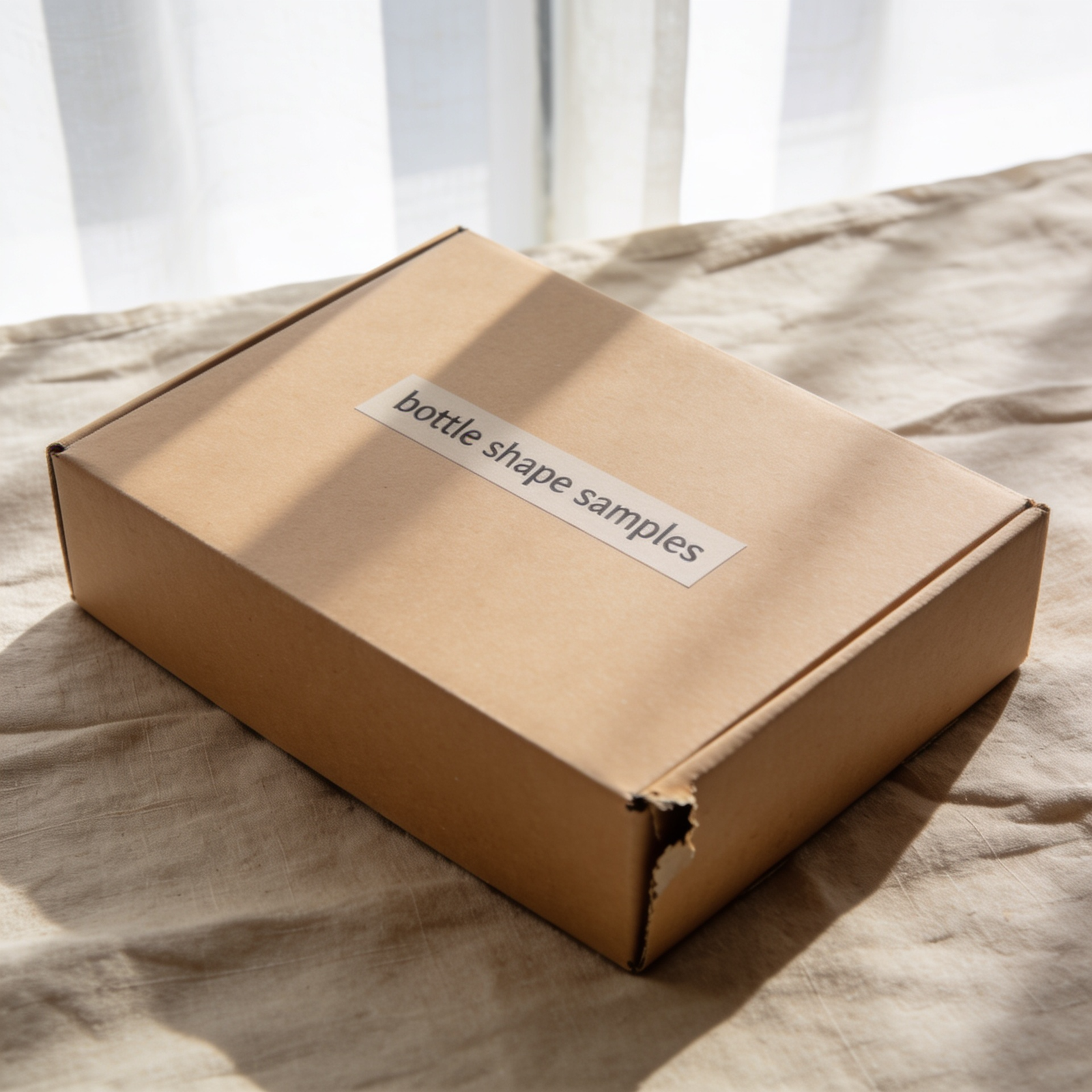 Kraft cardboard sample box labelled 'bottle shape samples' resting on linen fabric with natural window light
